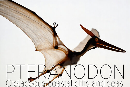A Pteranodon is depicted in flight against a backdrop of Cretaceous coastal cliffs and seas.