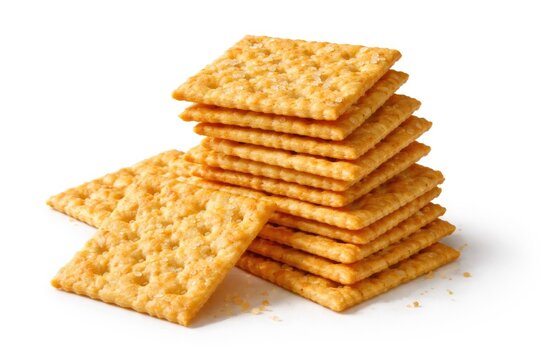 Crispy golden crackers piled neatly on a spotless white background revealing their textured crunch