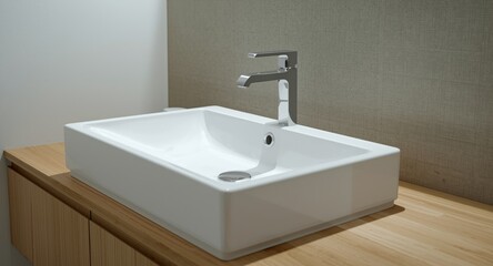 Fototapeta premium White rectangular bathroom sink with chrome faucet on wooden countertop