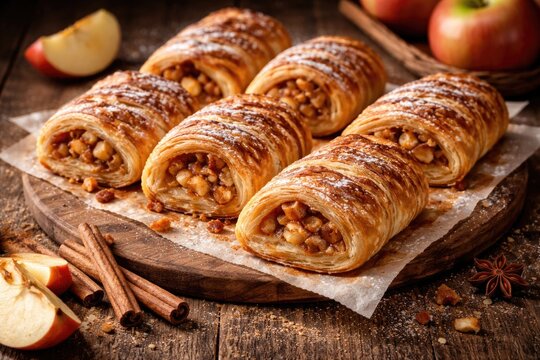 Golden cinnamon and apple puff pastry rolls displayed attractively on rough wooden table