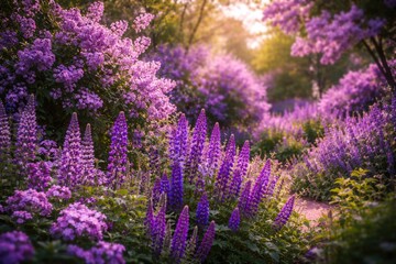 Fototapeta premium Lush purple flowering plants blossoming outdoors during springtime