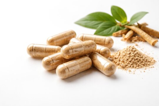 Group of Ashwagandha capsules on bright white background featuring copyspace