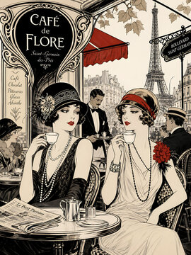 Elegant Women Enjoying Coffee at a Parisian Cafe with Eiffel Tower View