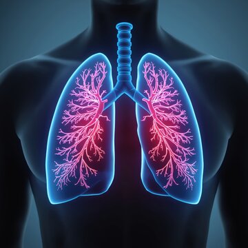 Illustration of human lungs showing red-glowing bronchial tubes and vessels.