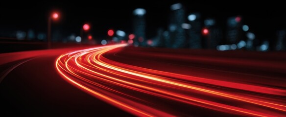Fototapeta premium Glowing red laser streak enhances busy urban street with dynamic light trails and energy flow.