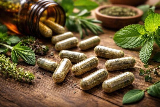 Natural herbal capsules supporting health laid on natural wood table