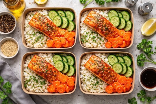 Healthy meal prep shown from above with four paper boxes containing salmon fillets rice and fresh sliced cucumbers and carrots