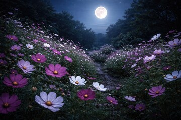 Obraz premium Lush nighttime garden full of cosmos flowers beneath a clear full moon sky