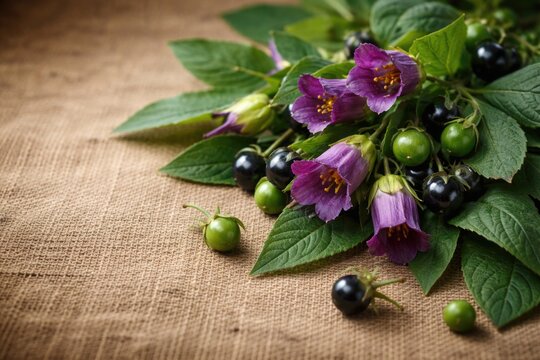 Lethal belladonna featuring purple blooms and green fruits on natural fiber surface with copy space