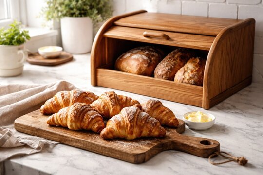 Handcrafted wooden breadbox and board holding croissants on smooth white marble kitchen surface