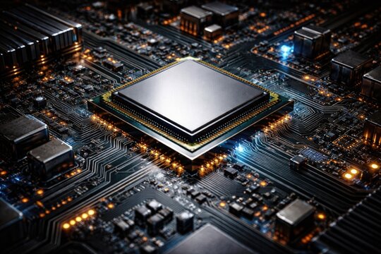 Detailed perspective of a computer CPU chip connected to a multi-layered circuit board with various electronic modules