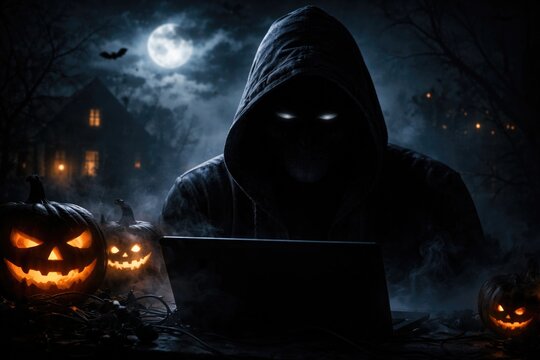 Eerie night scene featuring a mysterious hacker face shadow for Halloween copy space