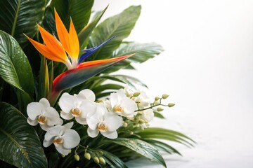 Obraz premium Lively bird of paradise petals surrounded by lush green leaves and delicate white orchids set against a white surface with copy space