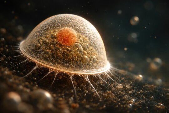 400x magnified image of smooth shelled Arcella amoeba under selective focus with copy space