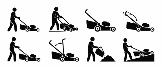 Naklejka premium Lawn Mower Icon Set Silhouette, Man Mowing Grass Garden Maintenance Vector Symbols for Landscaping Business, Yard Care Instructions, Worker Operating Machinery, Isolated Black Pictograms Collection