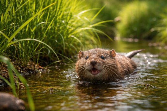 Cheerful pet water vole paddling through lush green riverbank grass with water striders on a warm summer day full length shot