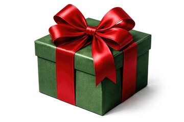 Fototapeta premium Decorative green present adorned with a striking red bow on white backdrop