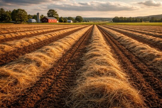 Agricultural scene featuring dry hay raked into tidy windrows across tilled farm plots