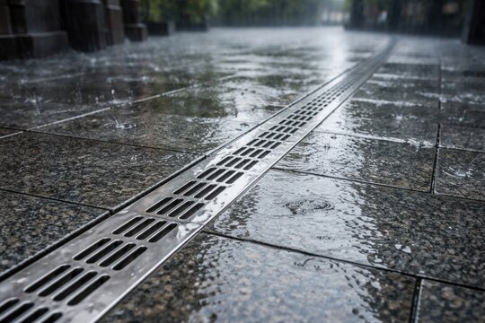 Granite tile pavement with recessed stainless steel water drainage system for rainy conditions