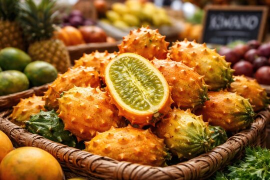 Fresh kiwanos presented prominently in a lively market environment