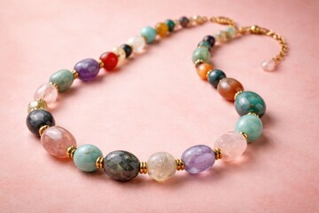 Obraz premium Artisan gemstone beads necklace against pink backdrop with ample copy space