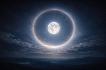 Fototapeta premium Celestial moon halo glowing softly above nighttime horizon