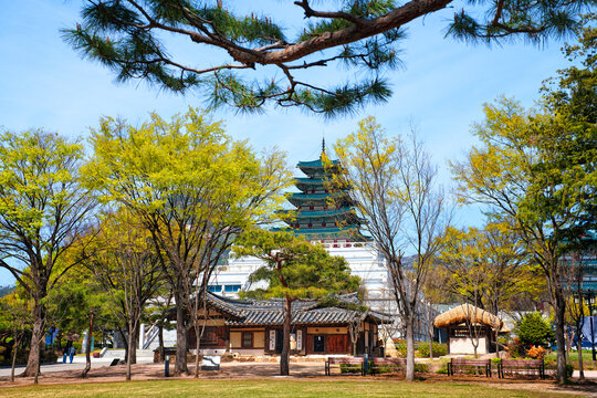 National Folk Museum of Korea and Traditional Korean Architecture (Hanok) amidst Blooming Flowersand trees at Gyeongbokgung Folk Museum in Seoul, South Korea