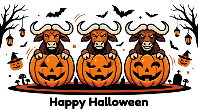 Happy Halloween greeting featuring three buffaloes peeking over pumpkins with spooky decorations and fall trees