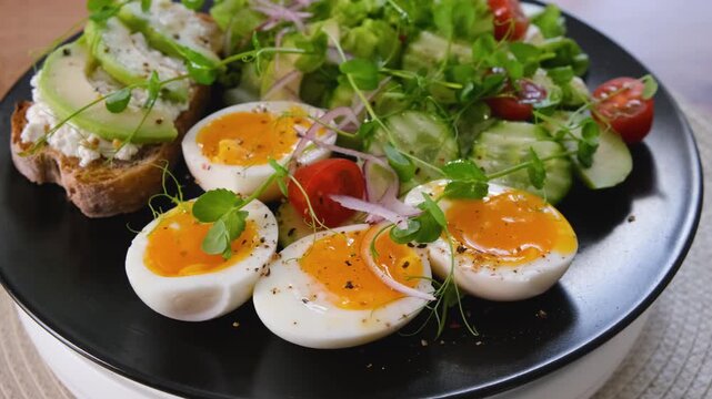 Rotating Plate with Healthy Avocado Salad and Soft Boiled Eggs
