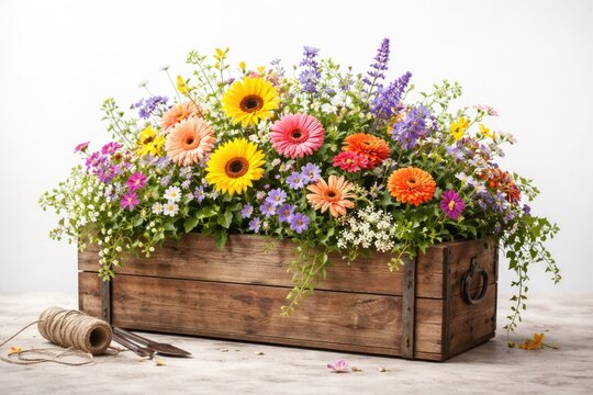 Cheerful flower setup inside handcrafted wooden planter box with plain white background and copy space