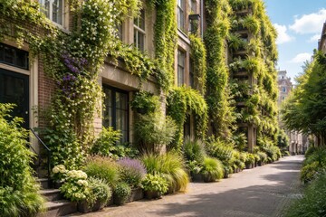 Obraz premium Climate adaptive urban greenery emphasizing geveltuin and vertical planting with copy space