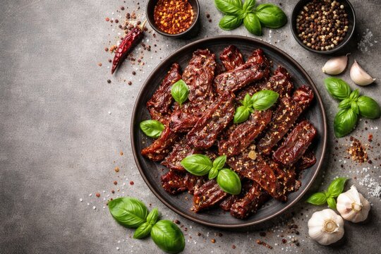 Horizontal top view copy space shot of a flavorful natural beef jerky plate seasoned with aromatic spices and fresh basil against a smooth gray backdrop