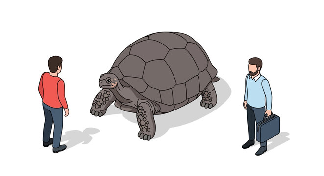 Giant Tortoise and Two Men - A Study in Contrasts and Scale.