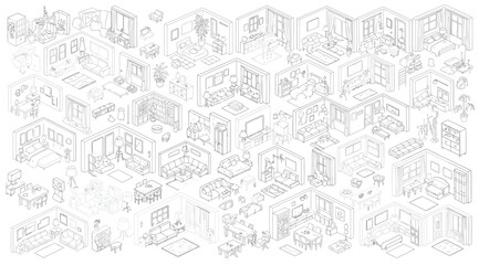 Fototapeta premium Set of isometric interior room layouts and furniture design elements