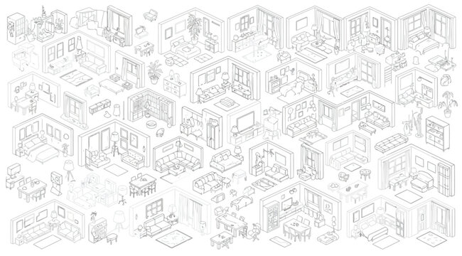 Set of isometric interior room layouts and furniture design elements