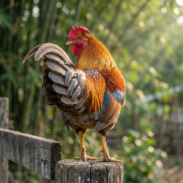 Rooster On Wooden Fence Post In Sunny Rural Farmyard Countryside Livestock Scene