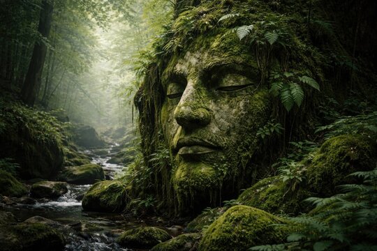 Old stone face richly layered with moss and ferns in a quiet verdant nature scene