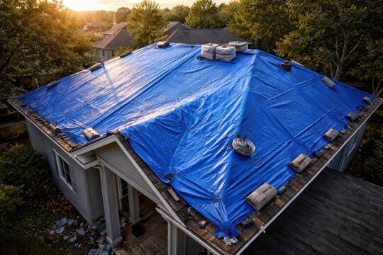 Elevated view of a house roof wrapped in blue tarp awaiting new shingle installation after storm damage