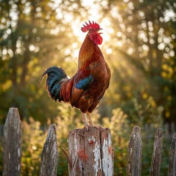 Rooster Crowing on Wooden Fence at Sunrise Countryside Farm Morning