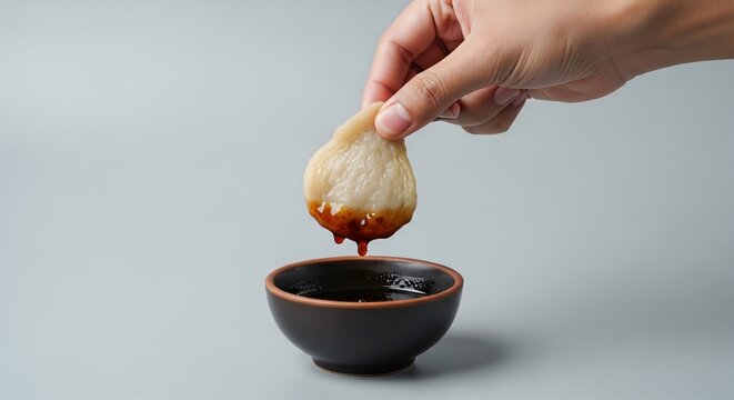 Hand dipping a piece of Pempek fishcake into a small bowl of spicy dark vinegar sauce (cuko), plain light grey background.