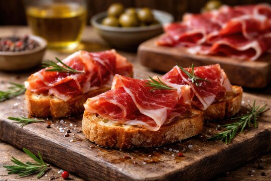 Gourmet Spanish Jamon Iberico ham tapas served in vertical format with copy space
