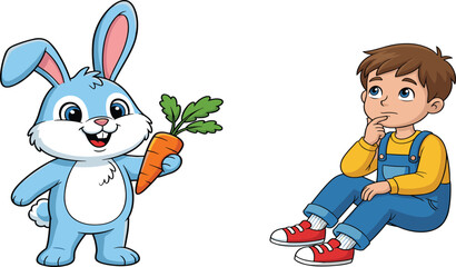 Cute Cartoon Blue Bunny Holding Carrot and Thinking Boy Clipart Set — Kids and Animal Vector Illustration © Manna