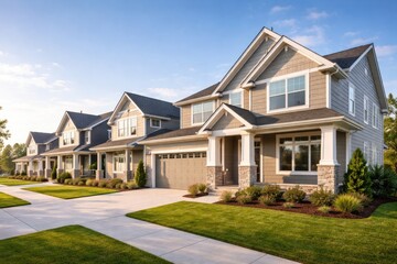 Obraz premium Freshly built homes front view including copyspace for text