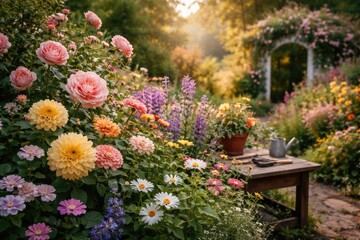 Naklejka premium Beautiful fresh flowers in a home garden backdrop setting