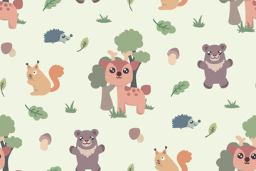 Fototapeta premium Seamless pattern of cute forest animals. Baby print, kids design of hand drawn cartoon deer, little bear, hedgehog, squirrel in trees, mushrooms, leaves on pastel green background. Vector illustration