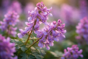 Obraz premium Detailed close view of Fumewort petals with narrow focus in flowerbed