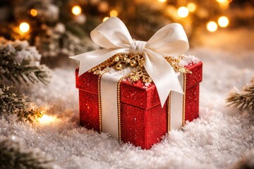 Naklejka premium Holiday decor item resembling a tiny red gift box with a white satin bow and golden embellishments on a snowy scene