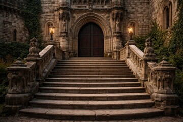 Obraz premium Old castle entry stairs with intricate stonework