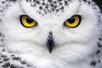 Obraz premium Detailed close up shot of a snowy owl's piercing eyes and plumage