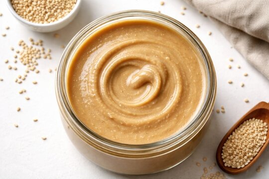 Close top shot of rich tahini sesame paste in a container on a white studio background
